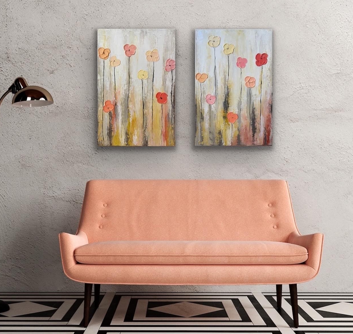 "Floral Symphony", a two piece textured floral painting set featuring soft flowers, perfect for a girl's bedroom or nursery décor.